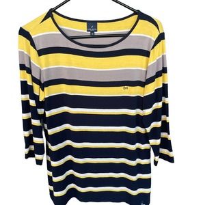 Daniel Hechter Paris Shirt Womens Size 38 Medium Yellow Black Striped 3/4 Sleeve